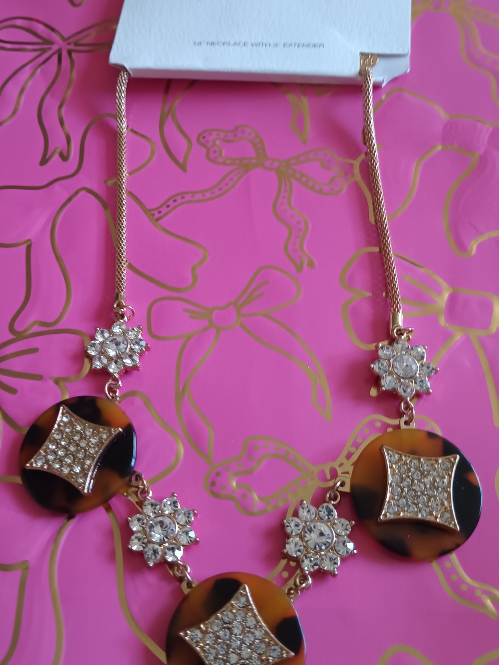 TIME AND TRU TORTOISE RESIN & RHINESTONE NECKLACE